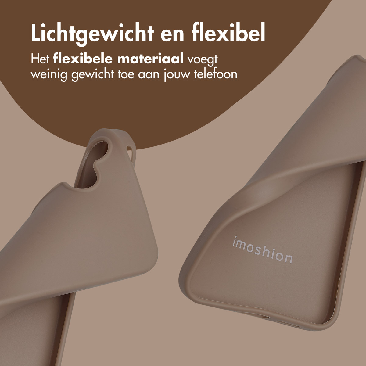 Twee bruine telefoonhoesjes, één met een lus, de andere met een 'imoshion' logo. Tekst: Lichtgewicht en flexibel.