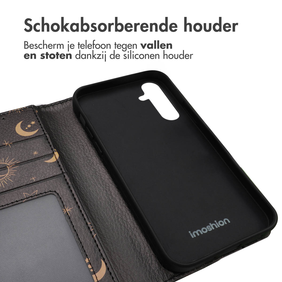 Zwart telefoonhoesje in een portemonnee. Tekst: Schokabsorberende houder, beschermt tegen vallen en stoten. Imoshion logo.