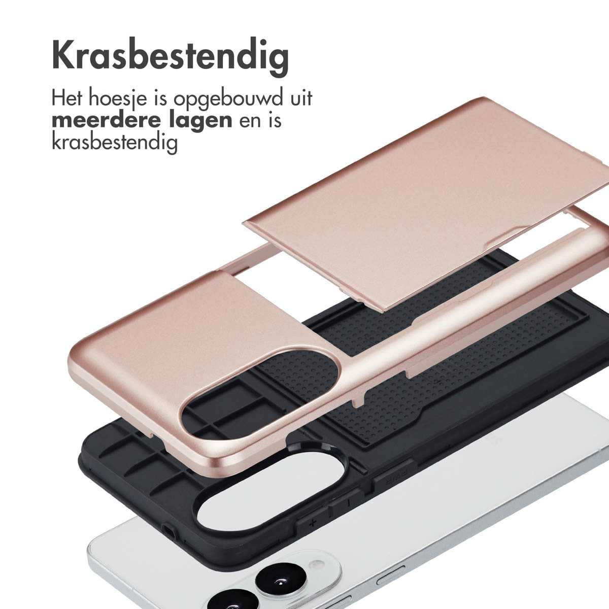 Telefoonhoes lagen gescheiden. Roségoud bovenkant, zwart midden, witte telefoon beneden. Tekst: krasbestendig.