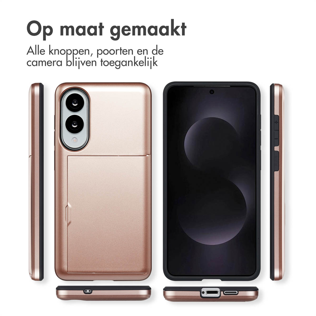 Rose gouden telefoonhoesje en telefoon. Hoesje links, telefoon rechts. Camera en knoppen zichtbaar. Tekst: op maat gemaakt.