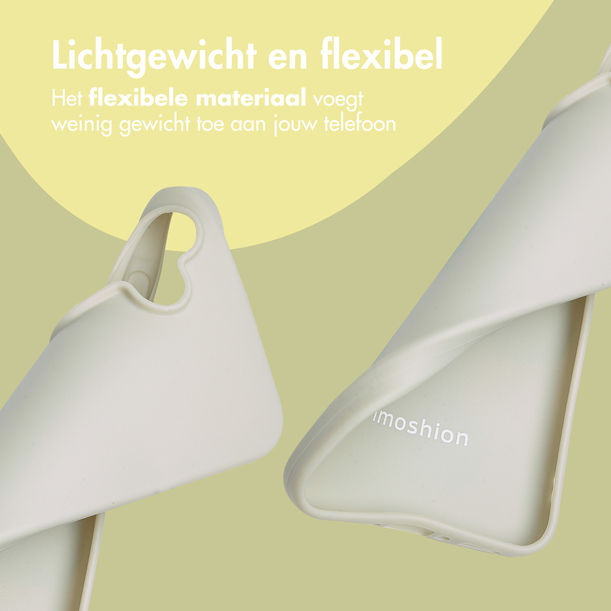Twee telefoonhoesjes. Tekst: lichtgewicht en flexibel. De hoes is wit en de achtergrond beige.