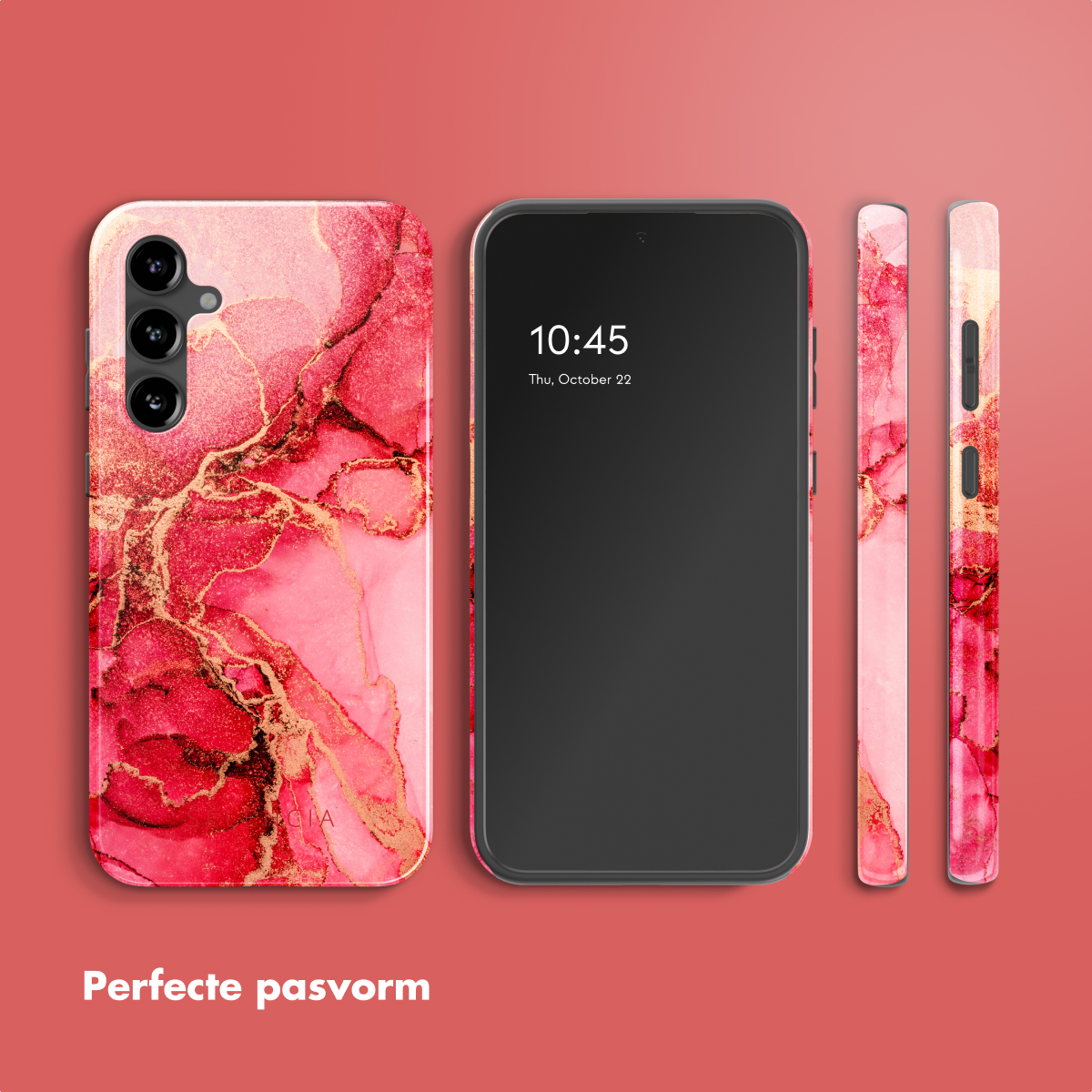 Tre telefoni con design in marmo rosso e oro. Un telefono mostra l'ora. Testo: vestibilità perfetta.