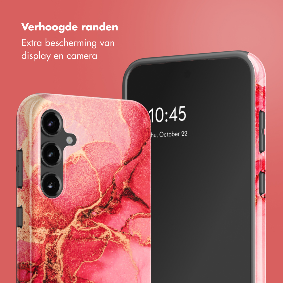 Custodia per telefono con design marmorizzato rosso e oro, che mostra l'ora.