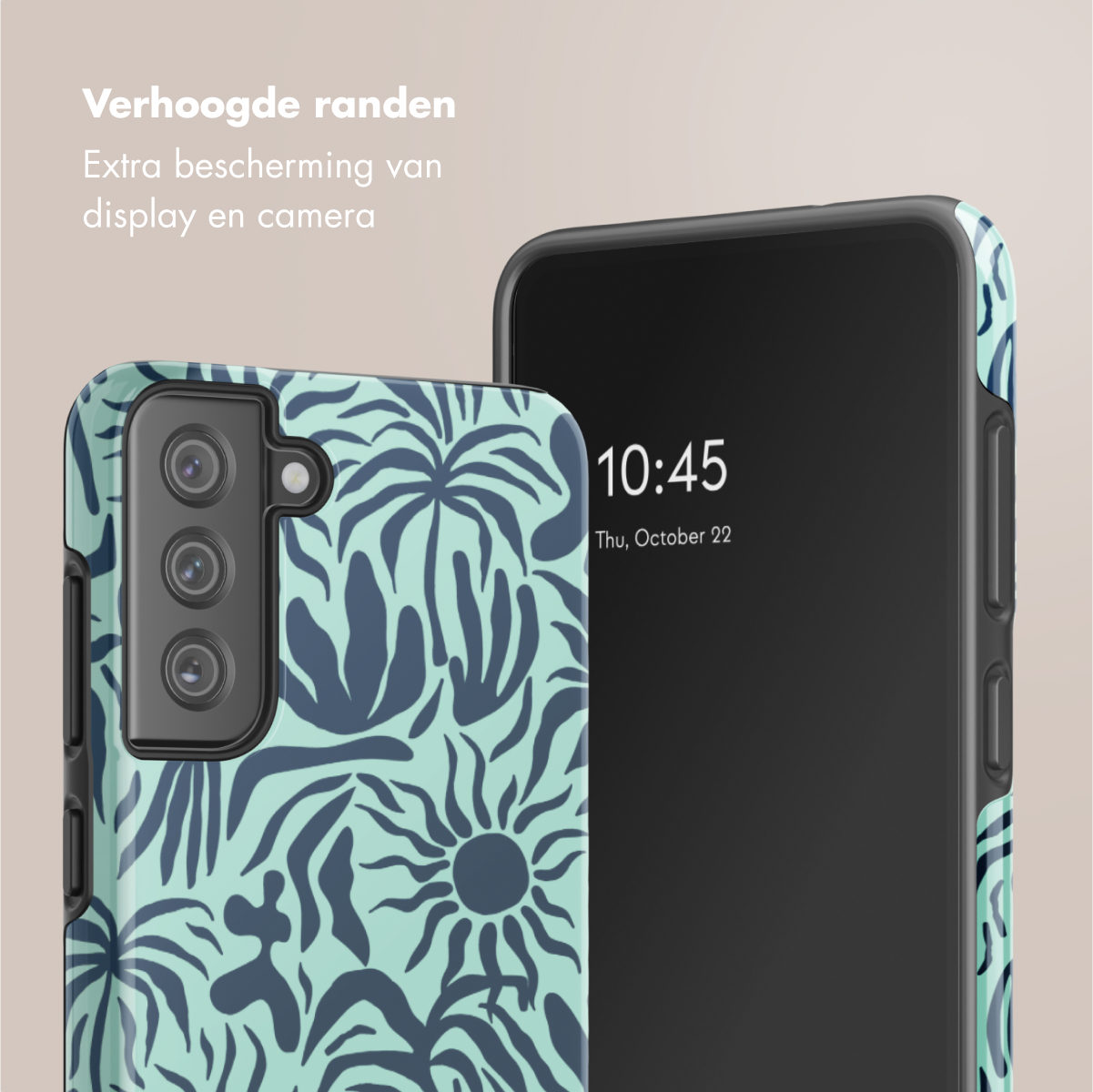 Custodia per telefono con design floreale blu e verde. Un altro telefono mostra l'ora. Testo: protezione extra schermo e fotocamera.