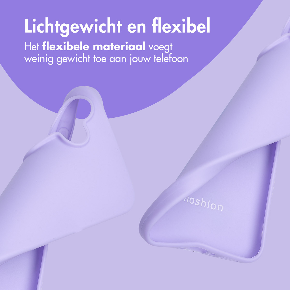 Deux coques de téléphone violettes, une ouverte, avec texte sur la flexibilité.