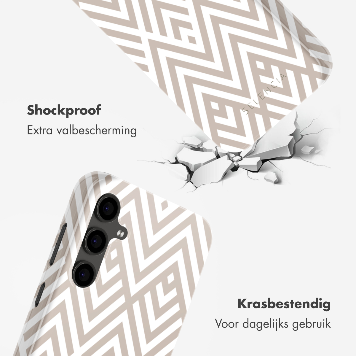 Telefoonhoesje met beige zigzagpatroon, met scheuren en tekst over schokbestendigheid.