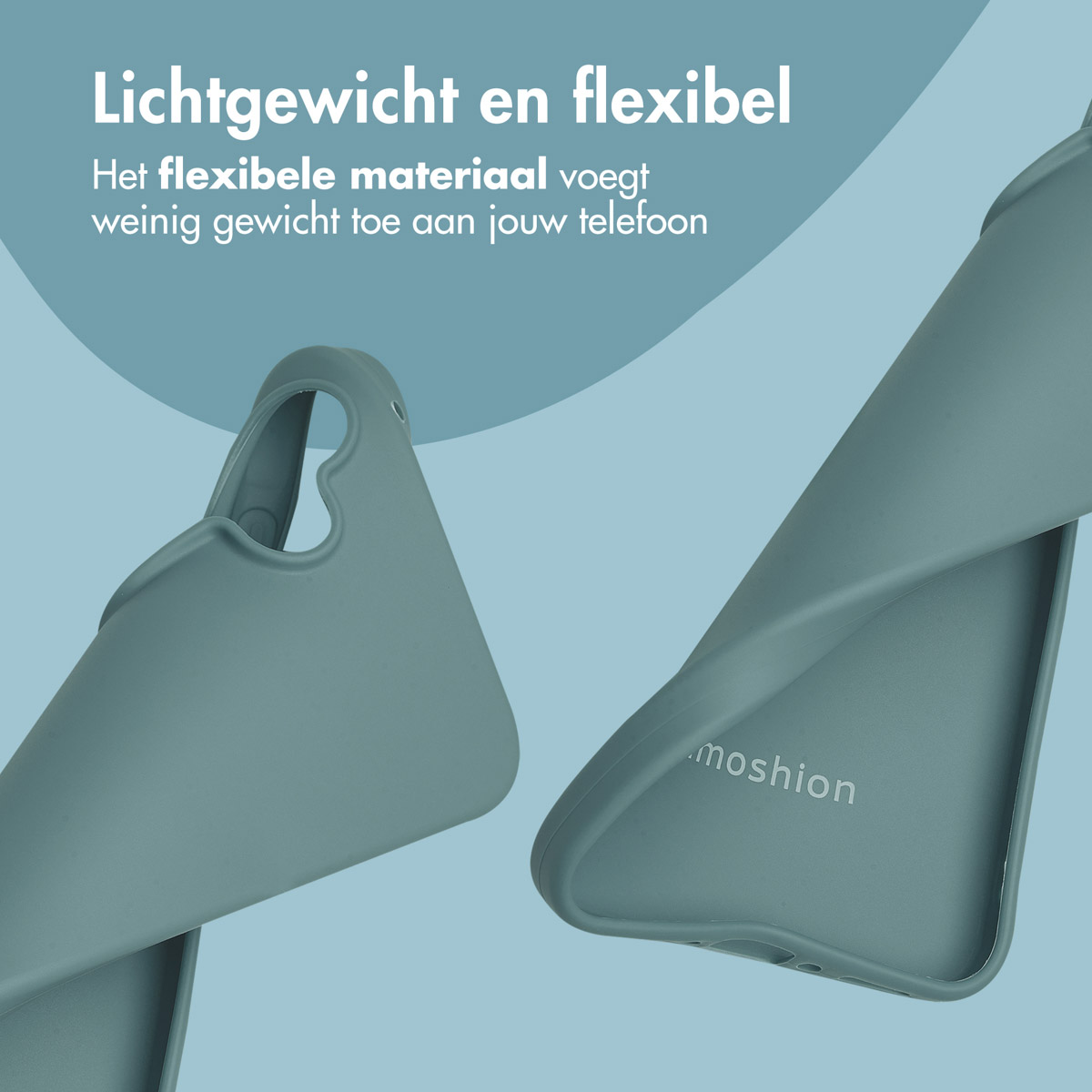 Deux coques de téléphone turquoise, une ouverte, avec texte sur la flexibilité.