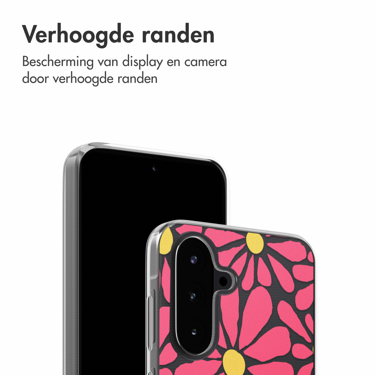 Un téléphone portable dans un étui transparent avec des fleurs roses à côté d'un autre téléphone portable.