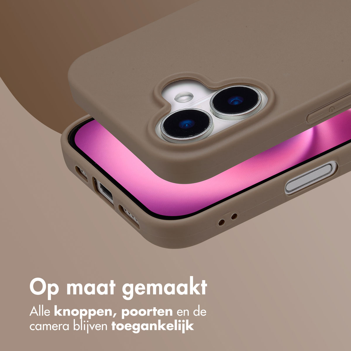 Een close-up van een telefoonhoesje met een gedeeltelijk zichtbare telefoon, met uitsparingen voor knoppen.