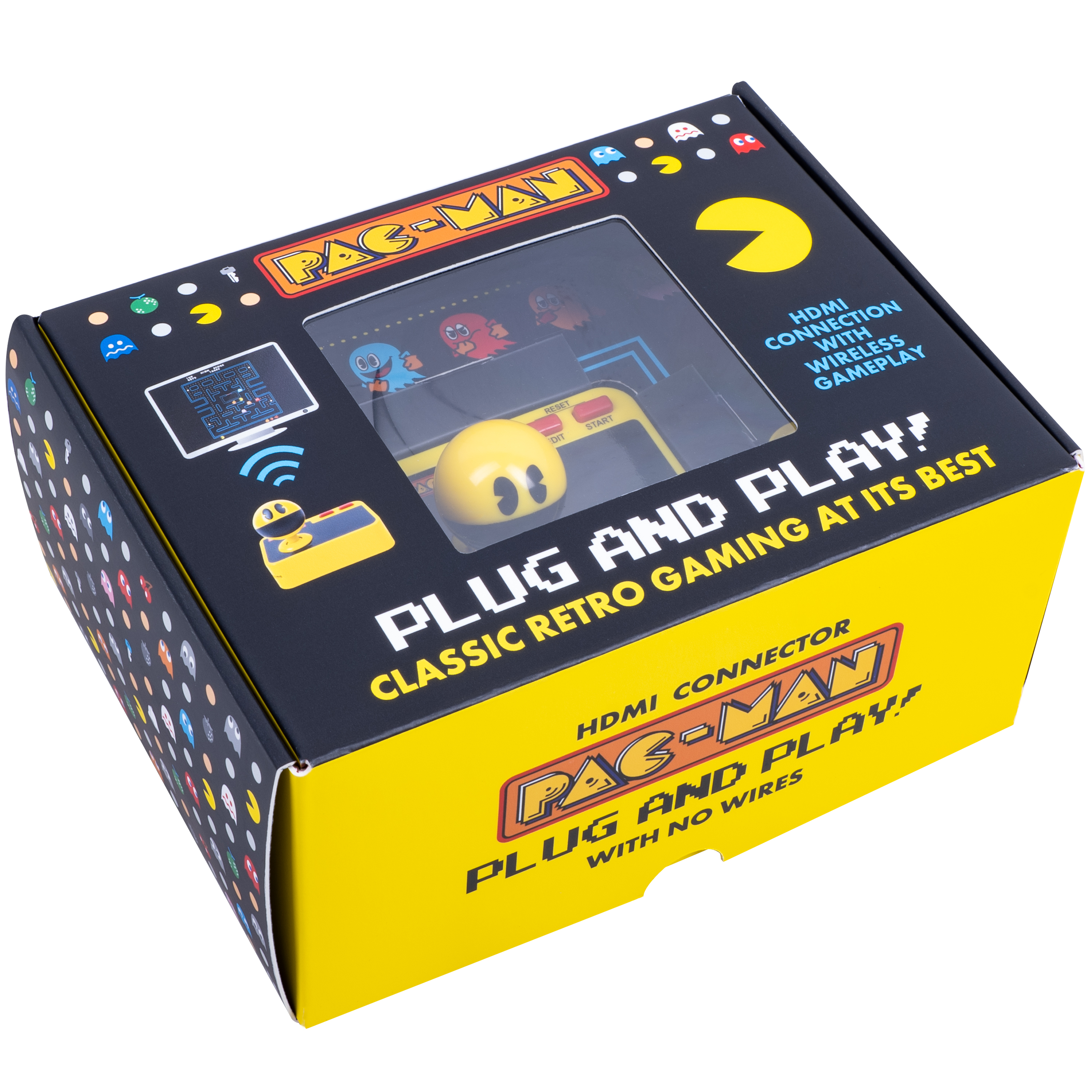 Pac-Man gameconsolebox met Pac-Man, geesten en controller. Geel en zwart met tekst.