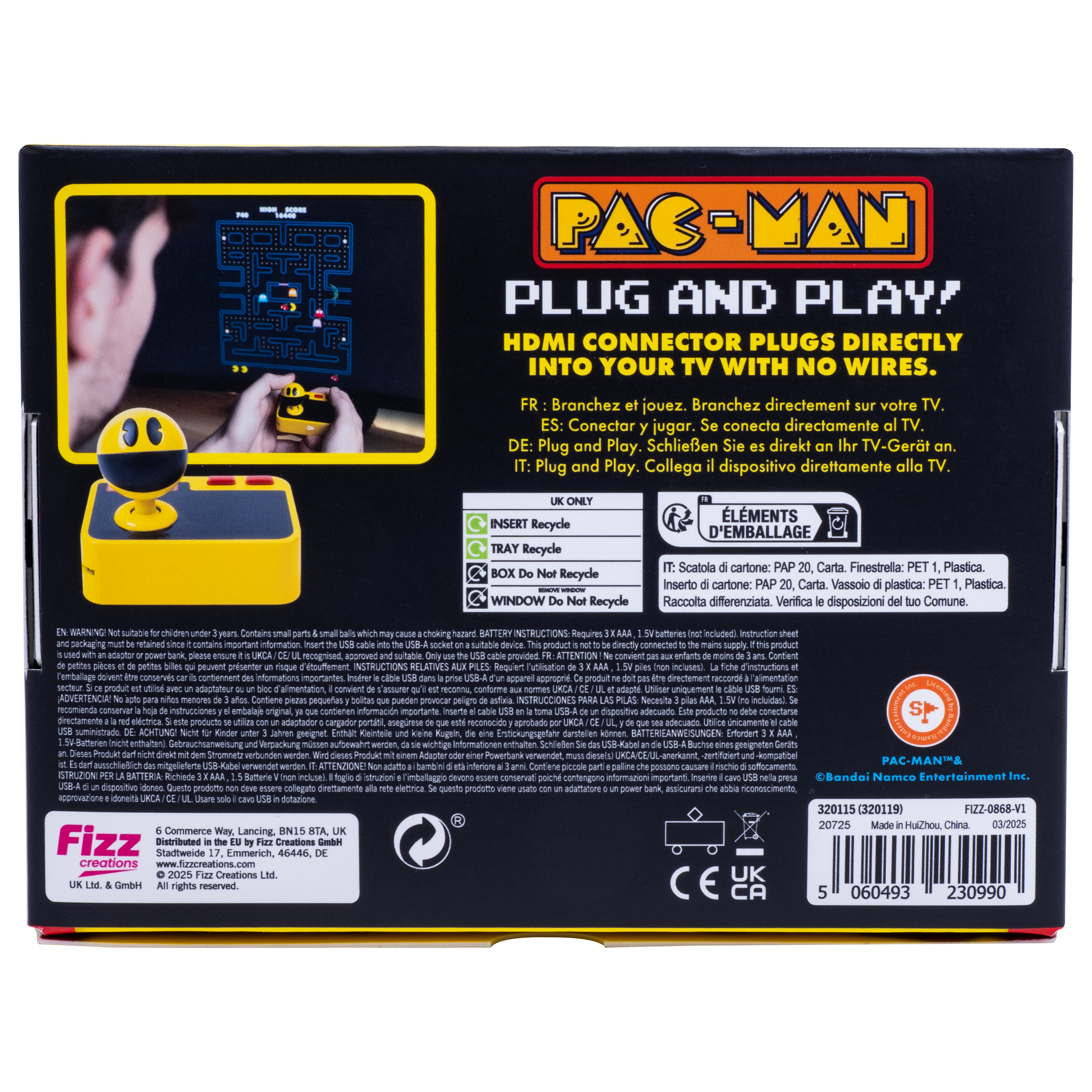 Achterkant van de Pac-Man plug and play box met tekst en afbeeldingen van het spel en de controller.