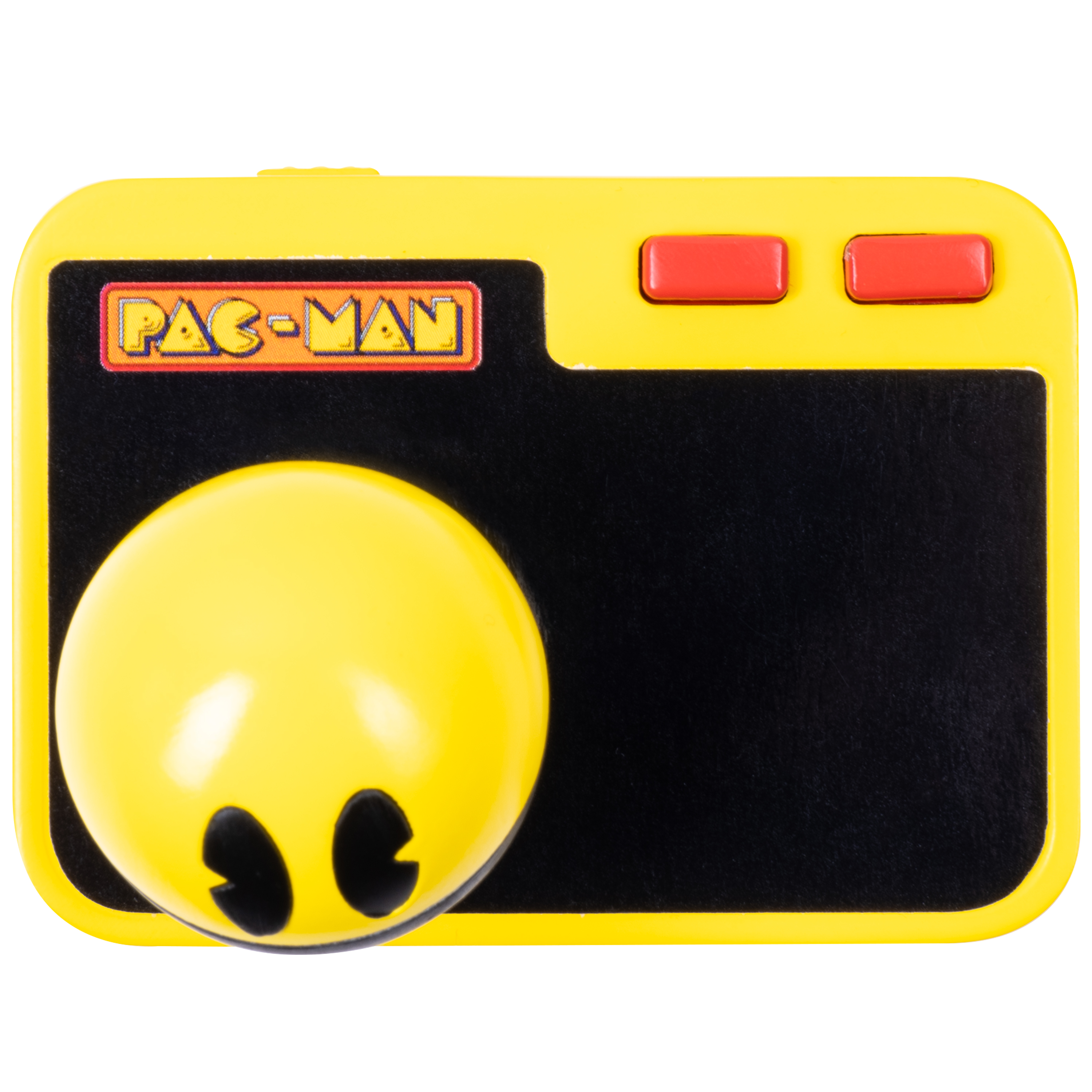 Een gele Pac-Man camera speelgoed. Het heeft een zwart scherm en de gezicht van het Pac-Man karakter als lens.