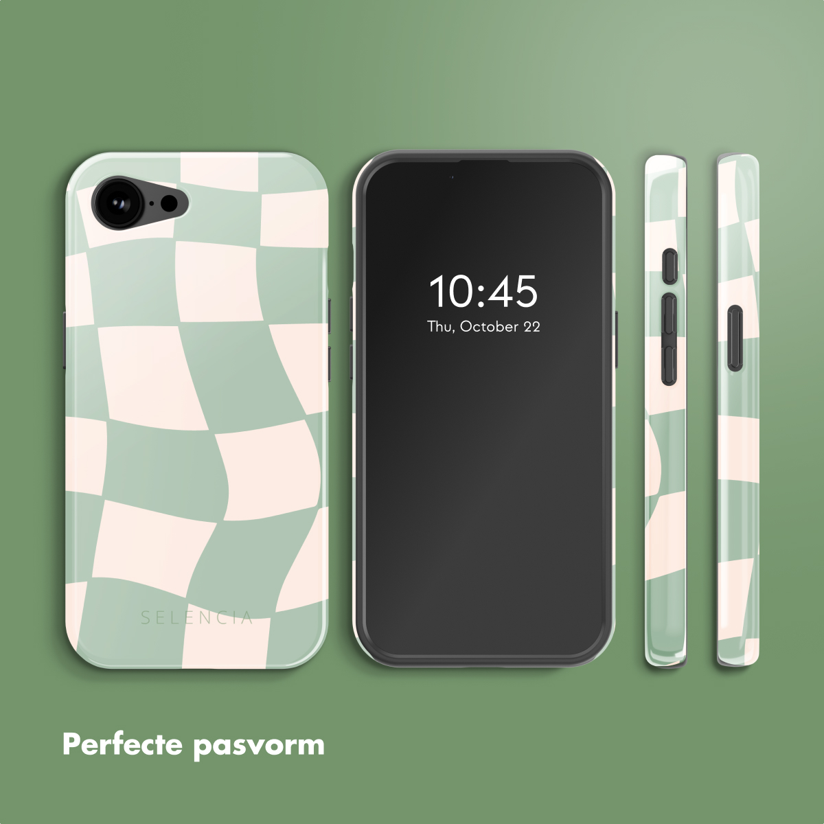 Groen-witte geruite telefoonhoes met telefoon en zijaanzichten op groene achtergrond.