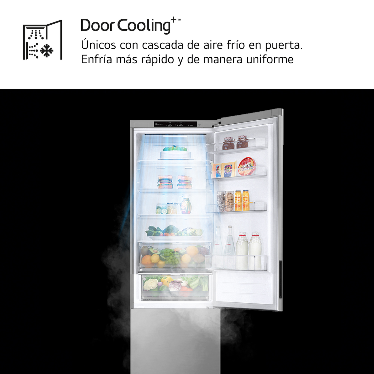 Refrigerador abierto con alimentos dentro, incluyendo verduras, bebidas y queso. El aire frío fluye desde arriba. El texto dice 'Door Cooling'.