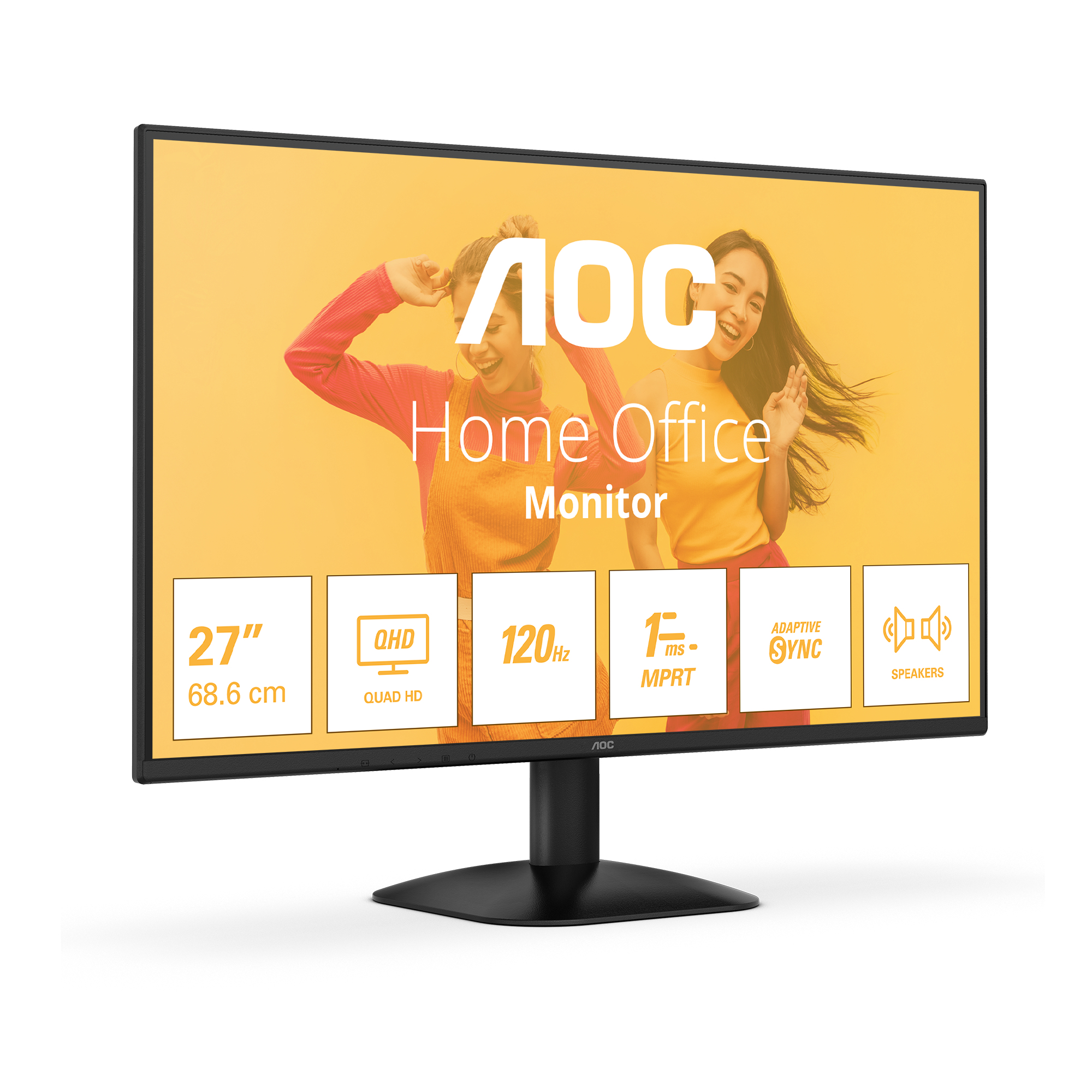 AOC Home Office Monitor mit zwei Frauen, der Bildschirm zeigt die wichtigsten Funktionen und Spezifikationen des Monitors.