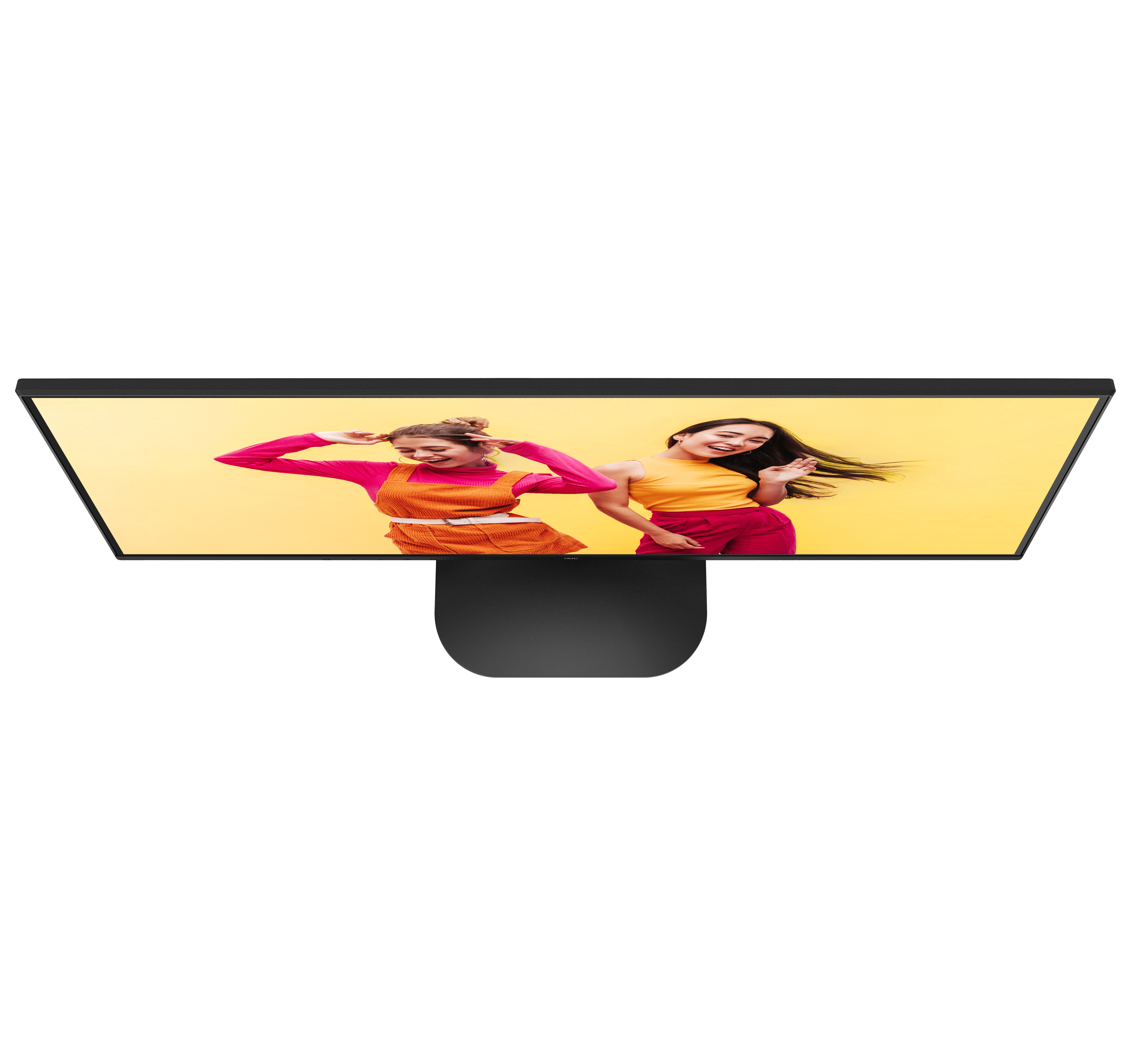 Draufsicht auf einen Computermonitor, der zwei Frauen auf gelbem Hintergrund zeigt.