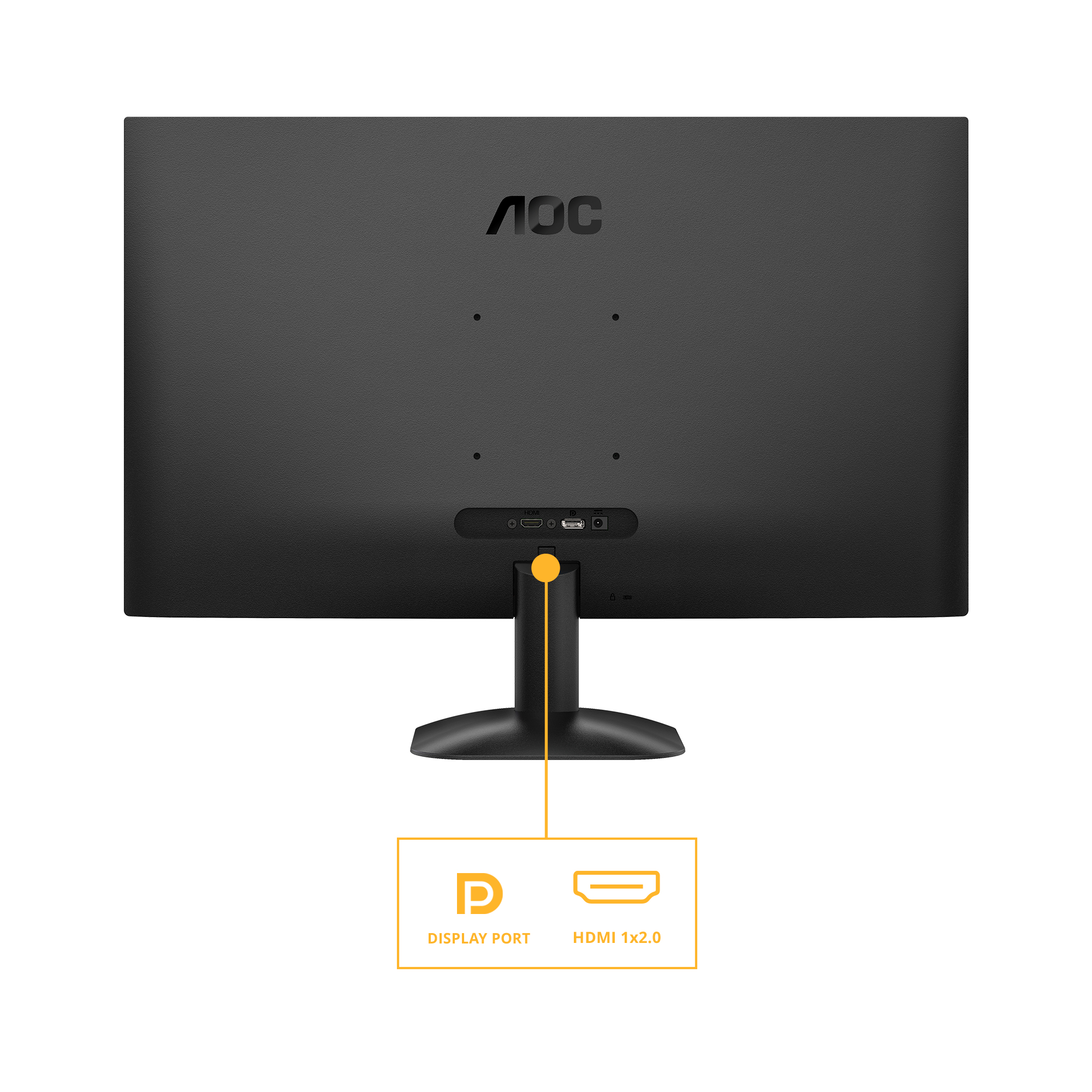 Rückansicht eines AOC-Monitors mit Anschlüssen für DisplayPort und HDMI.