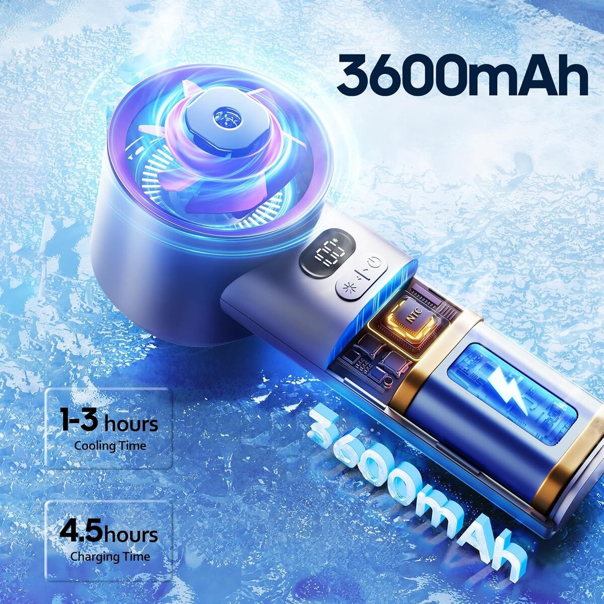 Ventilador de mano plateado y azul con batería de 3600mAh, que muestra la duración de la batería y el tiempo de carga sobre un fondo blanco.