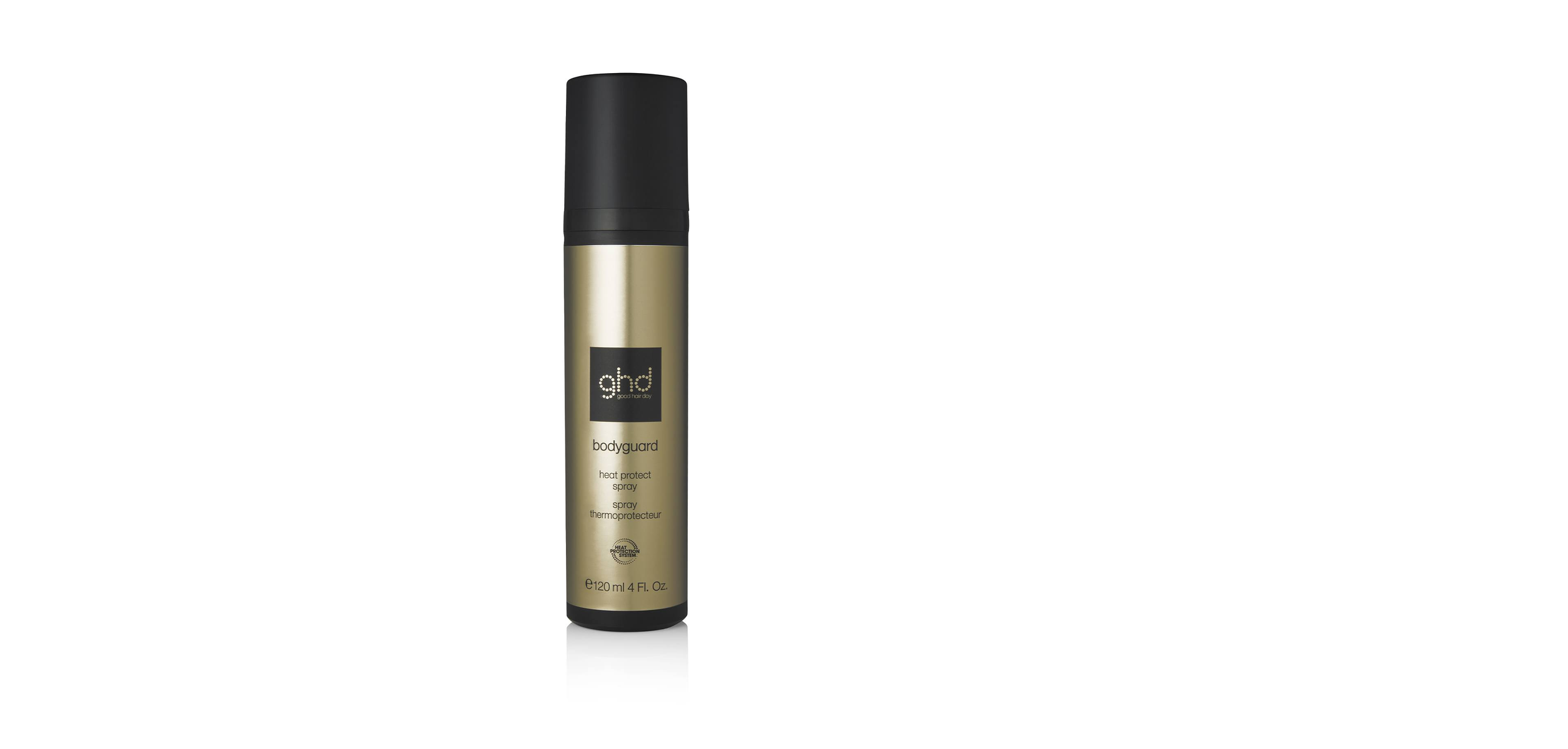 Una bomboletta dorata e nera di spray termoprotettore ghd Bodyguard.