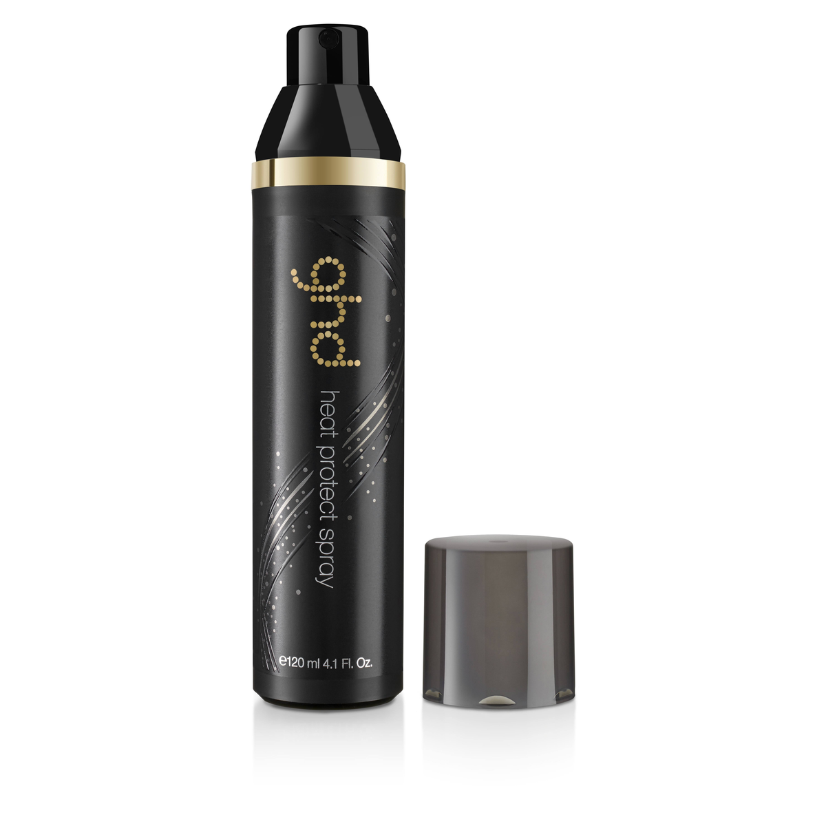 Spray termoprotettore ghd nero e oro con il tappo rimosso.