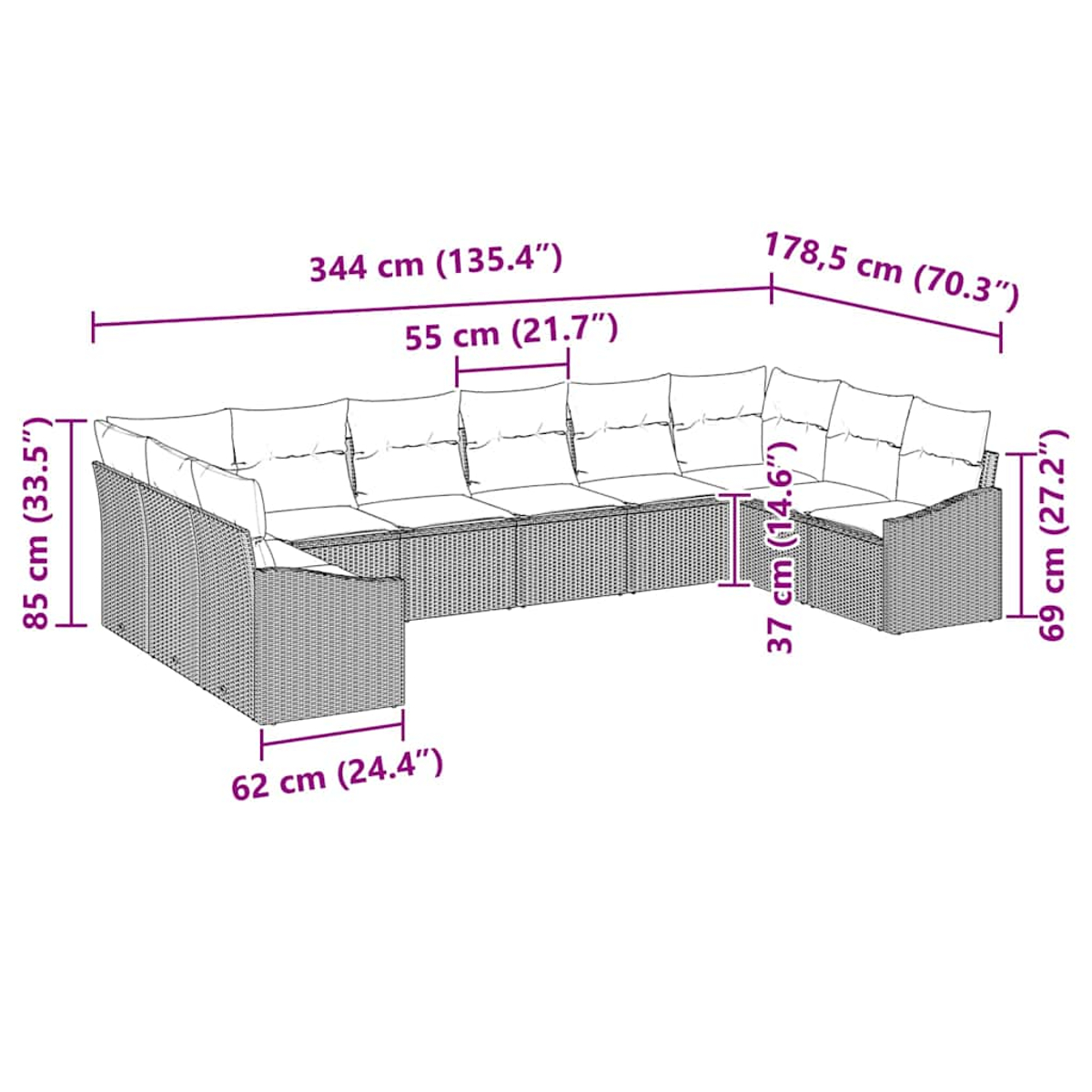 Ein großes Ecksofa aus Korbgeflecht mit weißen Kissen, Abmessungen in cm und Zoll auf weißem Hintergrund.
