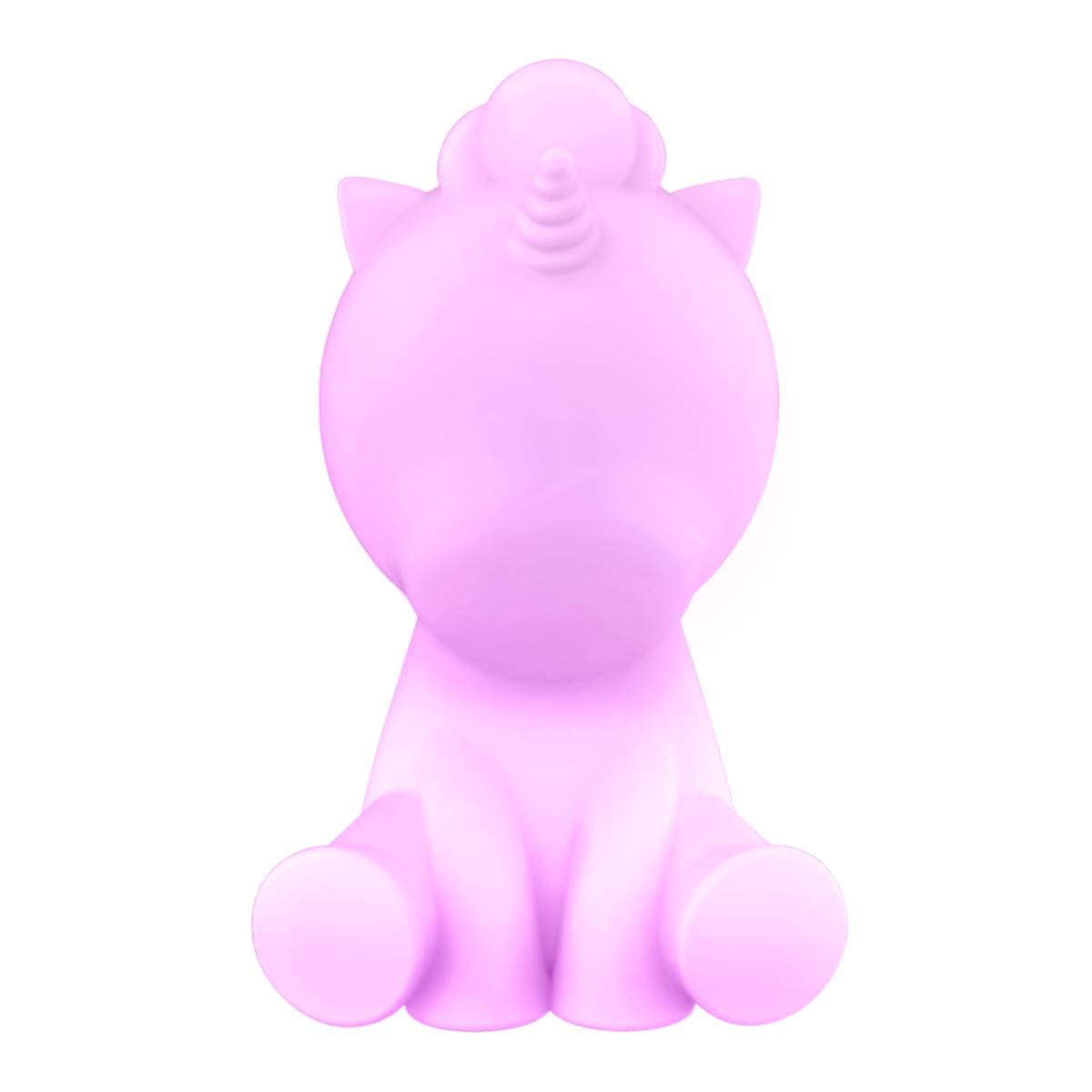 Różowa lampa w kształcie jednorożca, siedząca przodem, na białym tle.