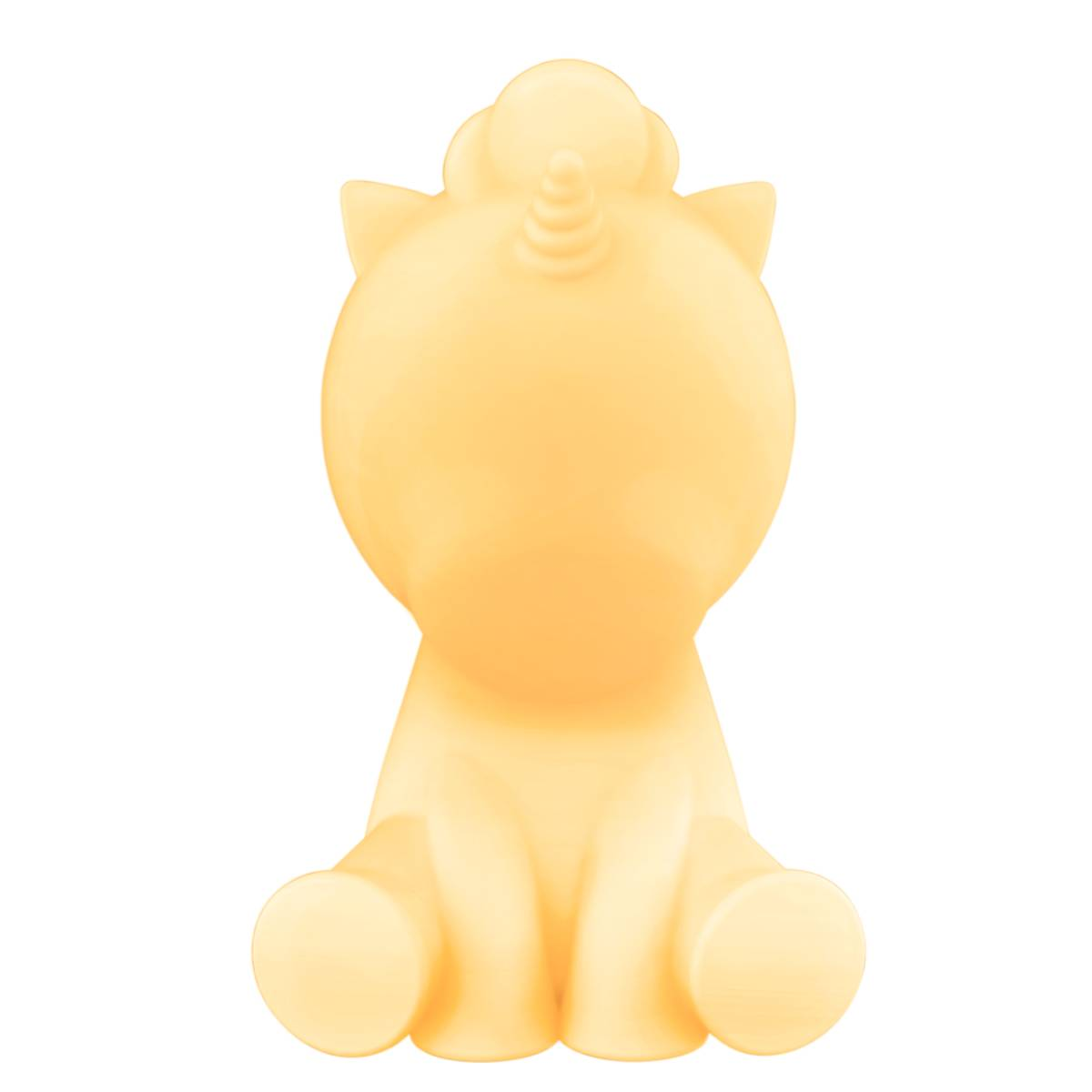 Widok z tyłu żółtej lampki nocnej w kształcie jednorożca, z rogiem i małymi uszami.