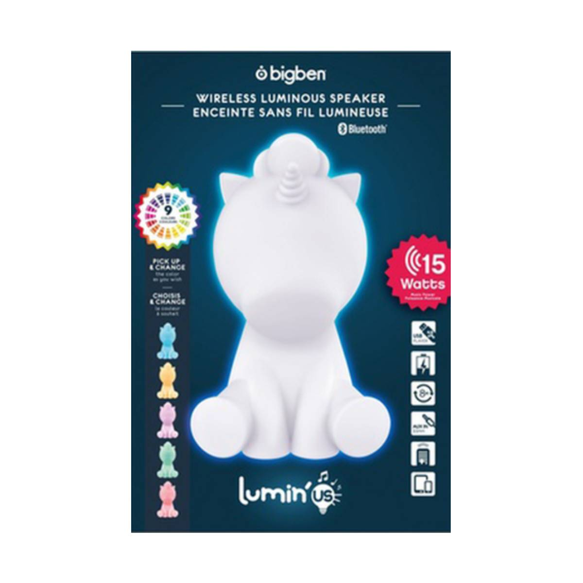 Biały głośnik bezprzewodowy w kształcie jednorożca z efektem świetlnym tęczy. Stoi na ciemnoniebieskim tle.