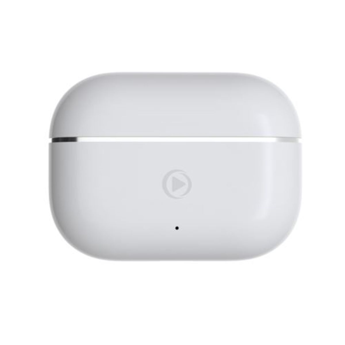 Un estuche blanco y cerrado para auriculares, con un pequeño símbolo de reproducción y un punto, aislado.