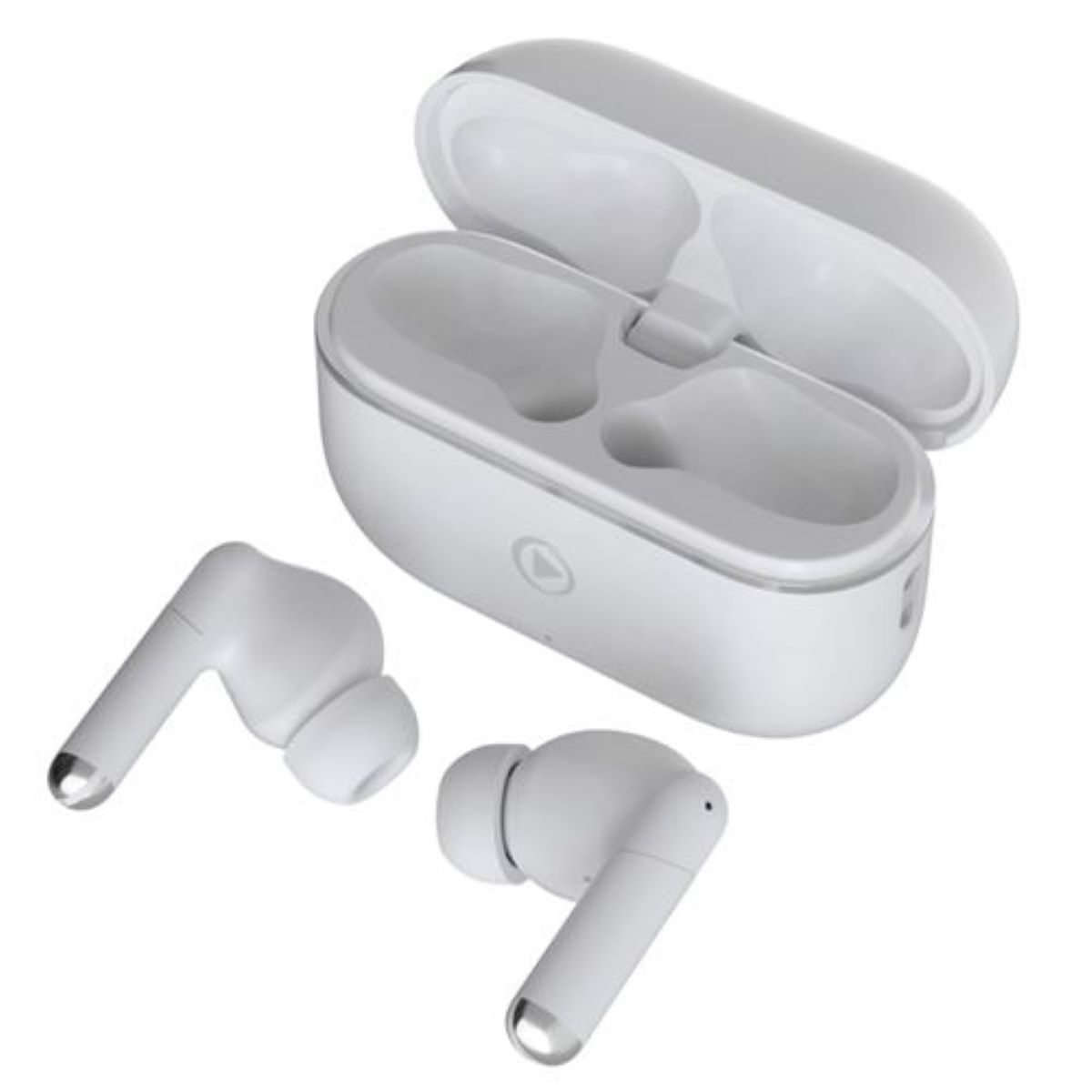 Dos auriculares inalámbricos blancos con un estuche de carga abierto.