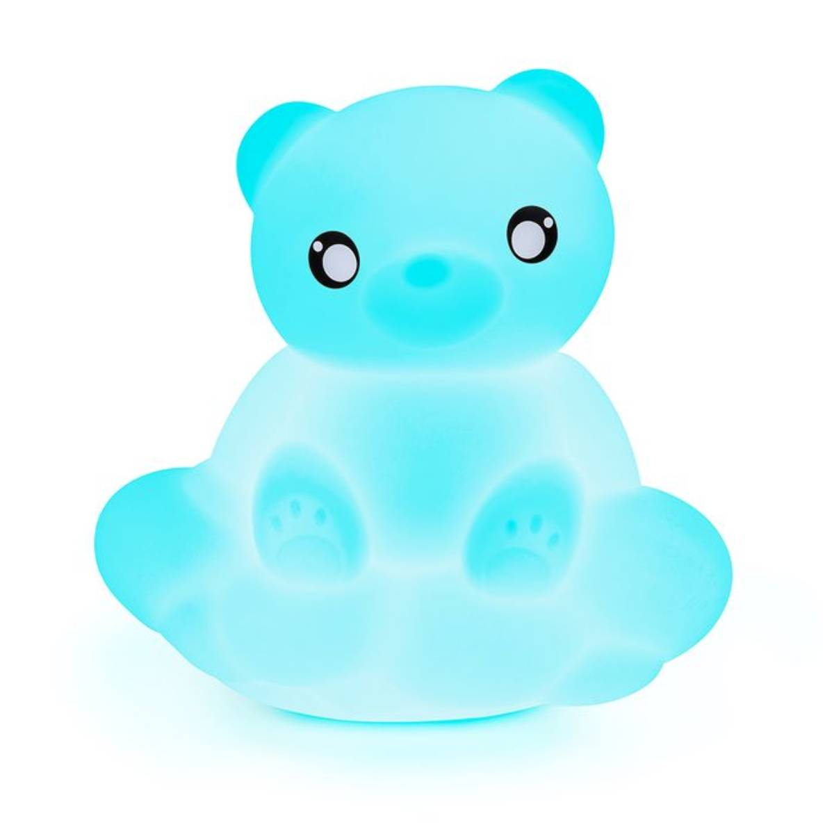 Mała, świecąca niebieska lampka nocna w kształcie misia na białym tle.