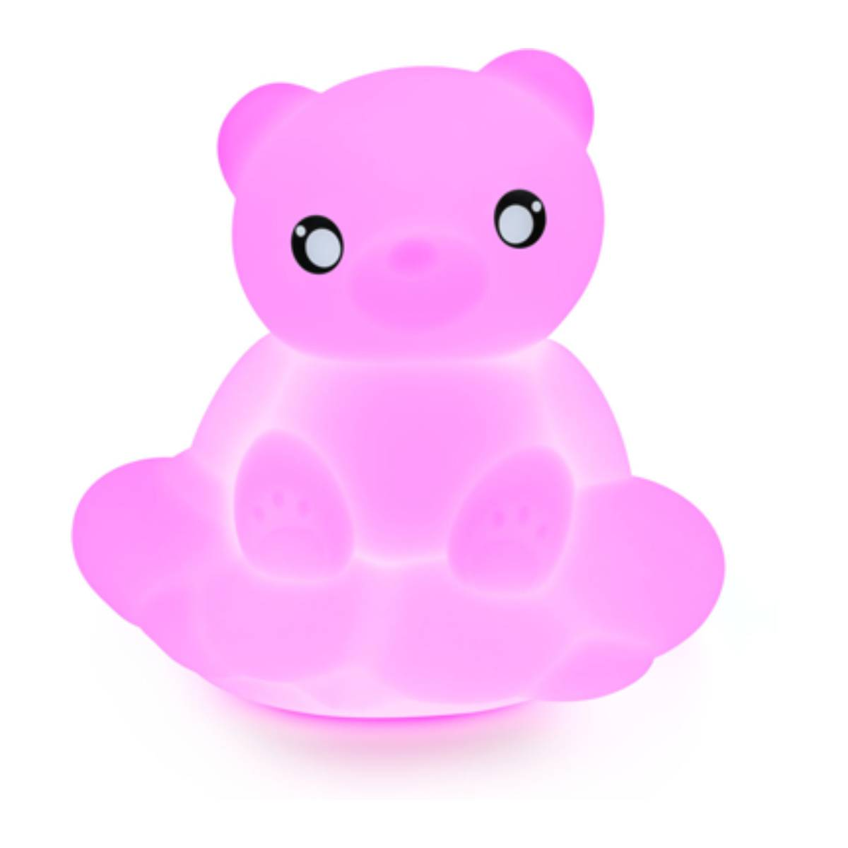 Różowa lampka nocna w kształcie misia świecąca na białej powierzchni.