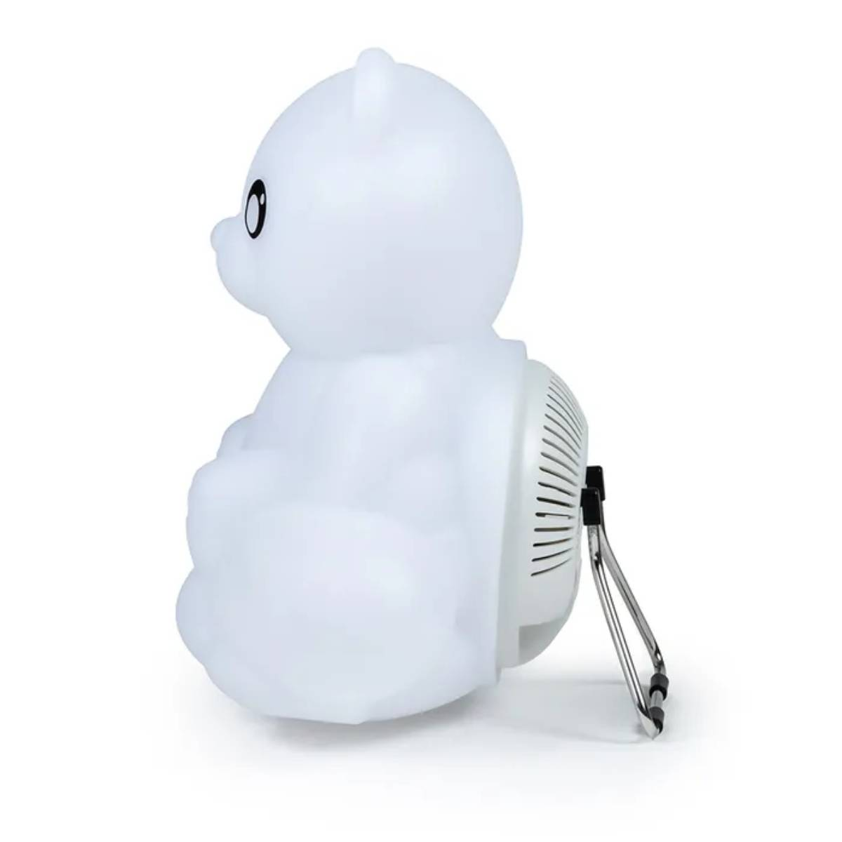 Biała lampka nocna w kształcie misia, widok z boku, z wentylatorem z tyłu i stojakiem.