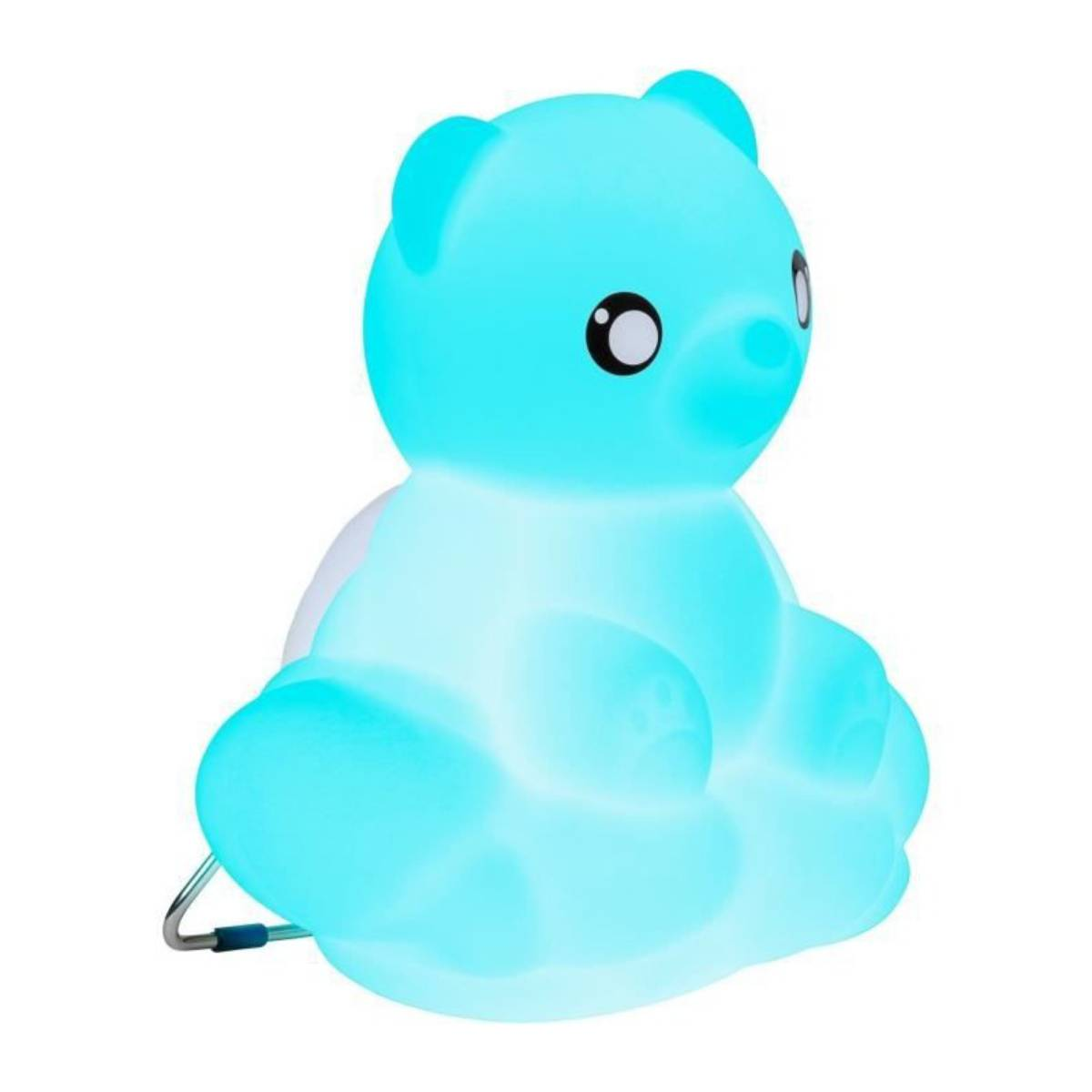 Niebieska lampka nocna w kształcie misia na białej powierzchni z ładowarką.