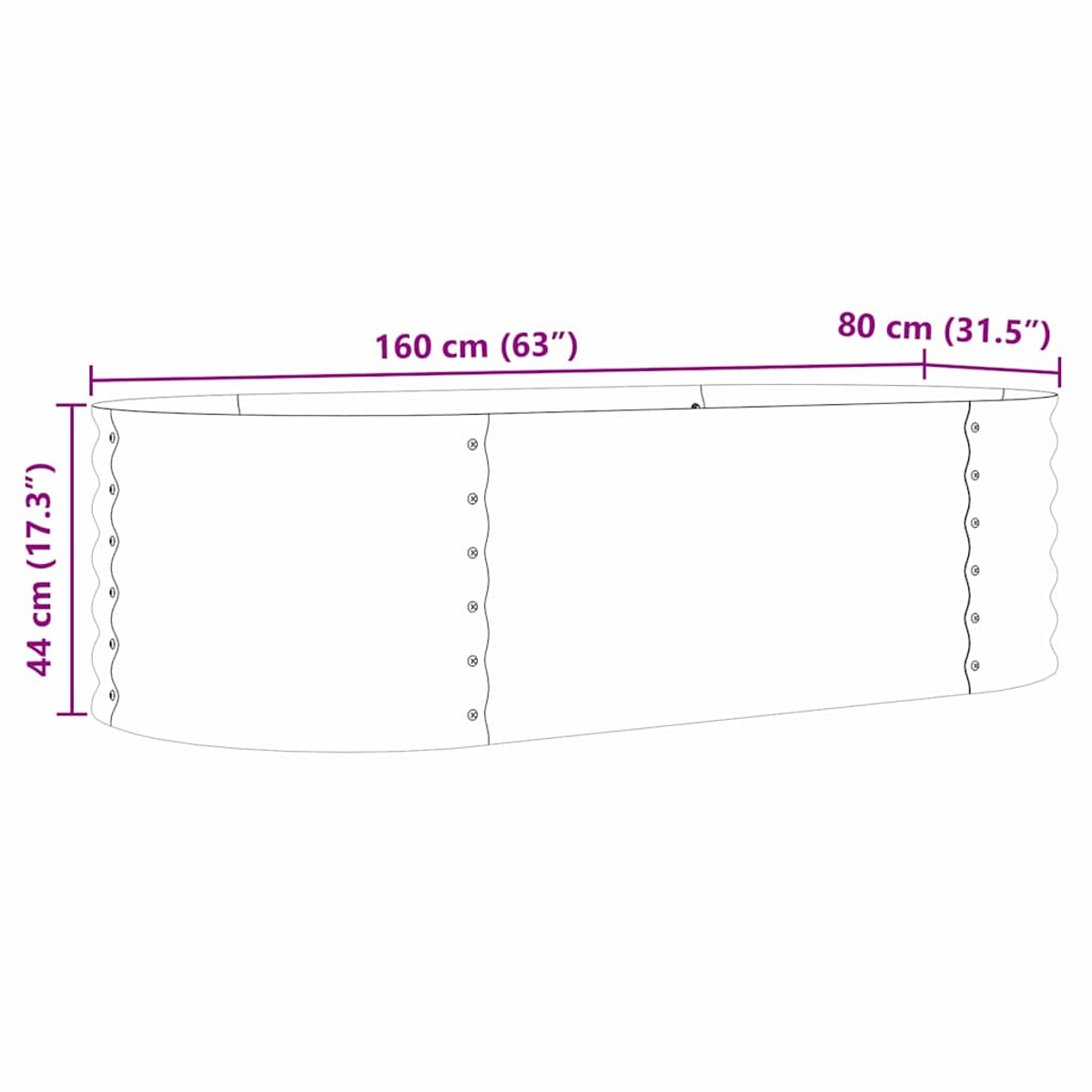Ein weißes Diagramm zeigt die Abmessungen eines gekrümmten Behälters mit Maßen in cm und Zoll.