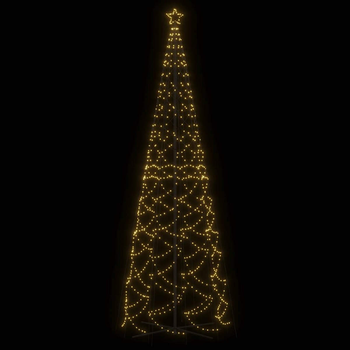Ein Weihnachtsbaum aus Lichtern, mit einem Stern oben, vor schwarzem Hintergrund.