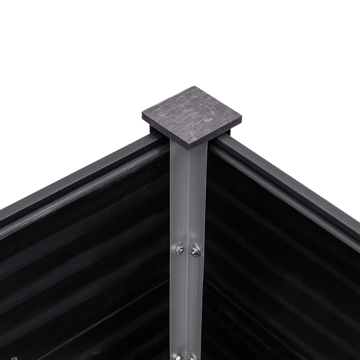 Nahaufnahme der Ecke eines dunkelgrauen Pflanzers mit Metallrahmen und sichtbaren Schrauben.