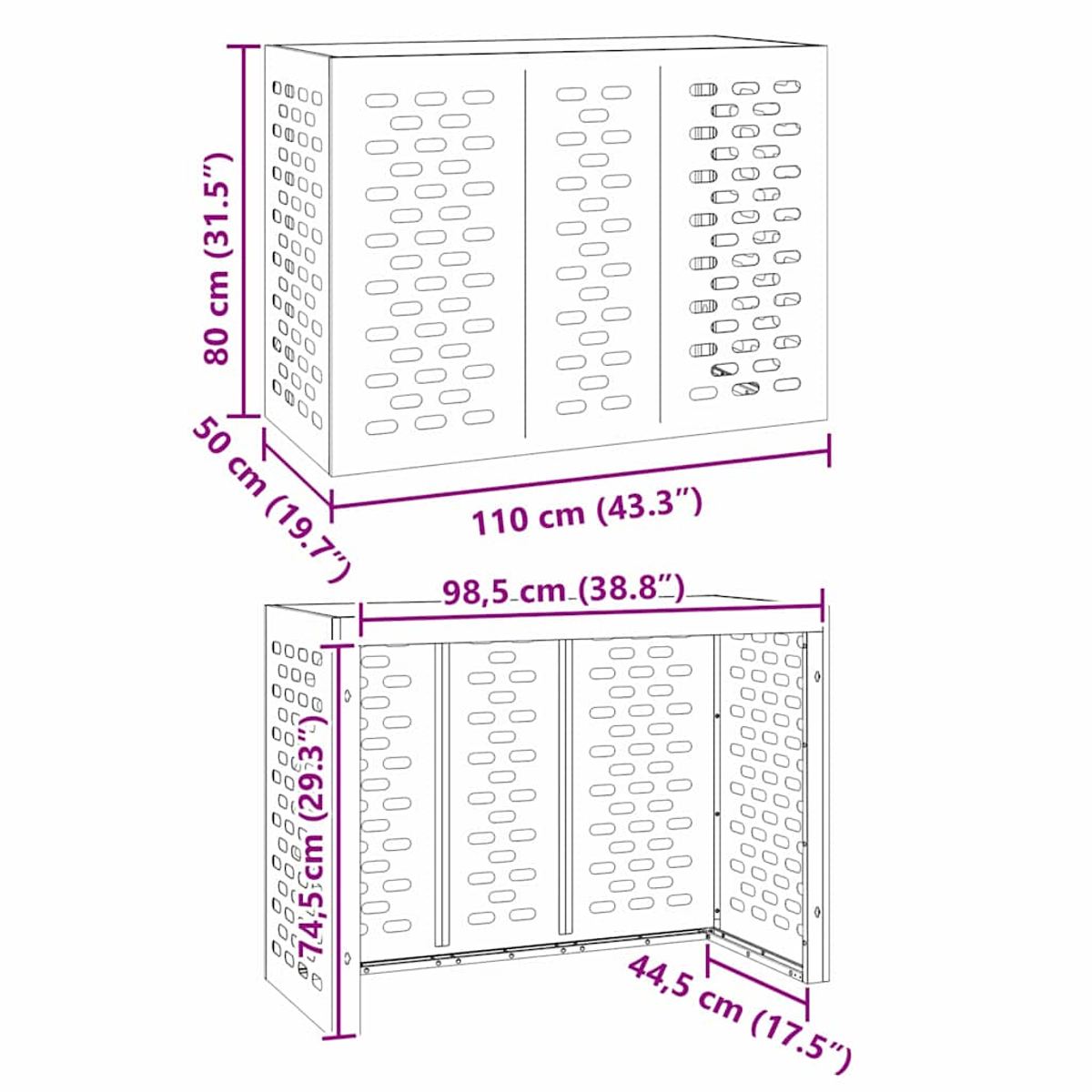 Diagramm einer Klimaanlagenabdeckung mit Abmessungen. Es ist ein rechteckiger Kasten mit perforierten Seiten.