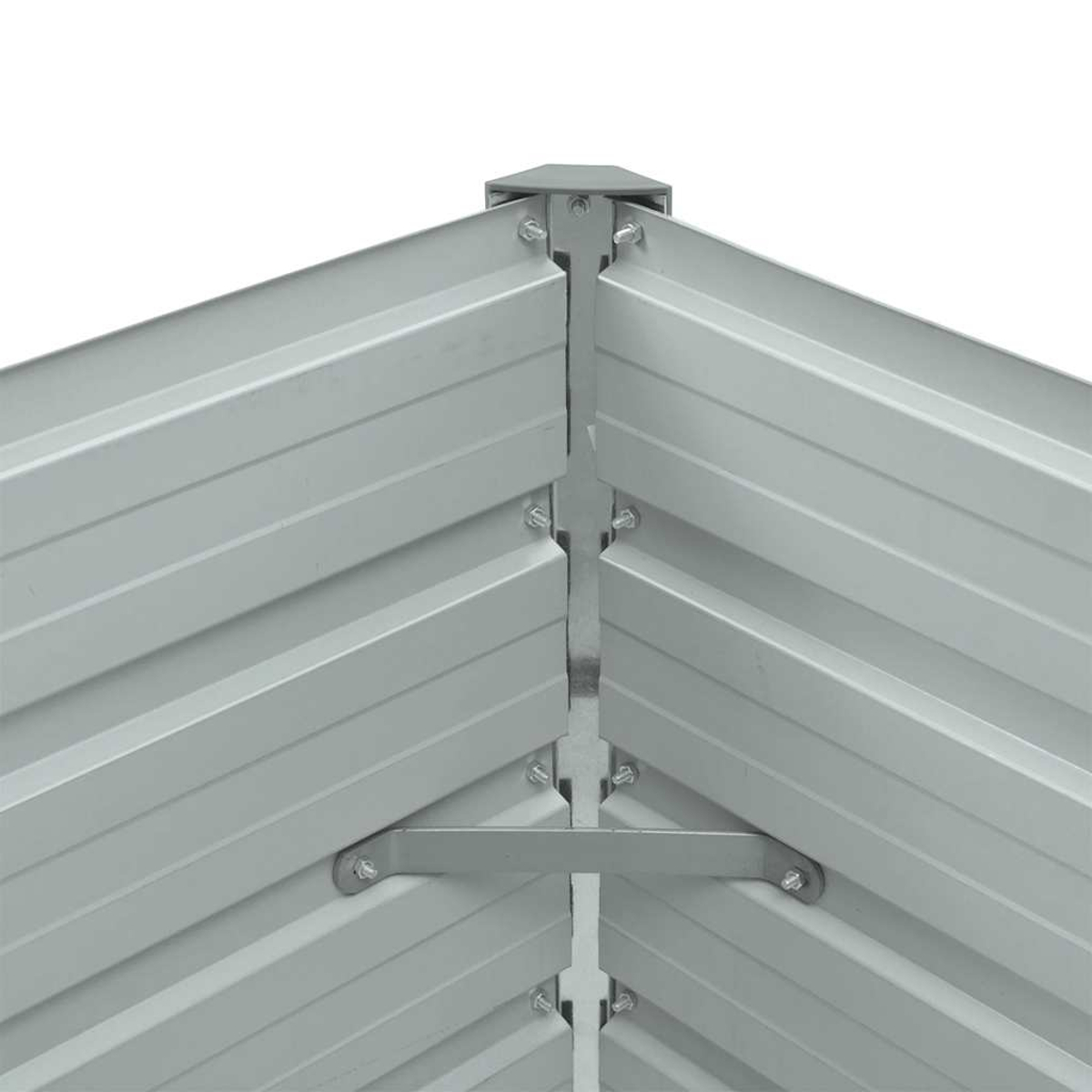 Draufsicht auf eine Metallecke. Wellblechverkleidung, silberne Stützen, mit Schrauben befestigt.