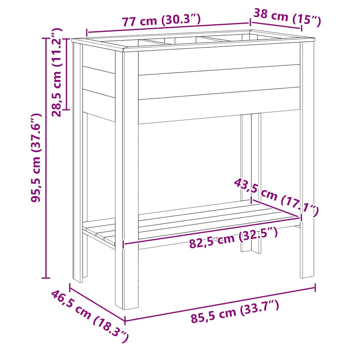 Un'aiuola in legno con dimensioni etichettate. Ha un ripiano ed è realizzata con assi di legno orizzontali.