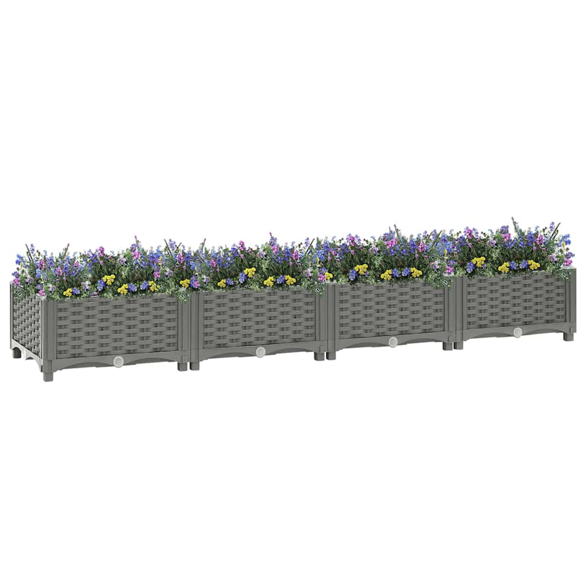Vier verbundene graue Pflanzkästen mit Blumen. Jeder hat eine gewebte Textur und Beine.