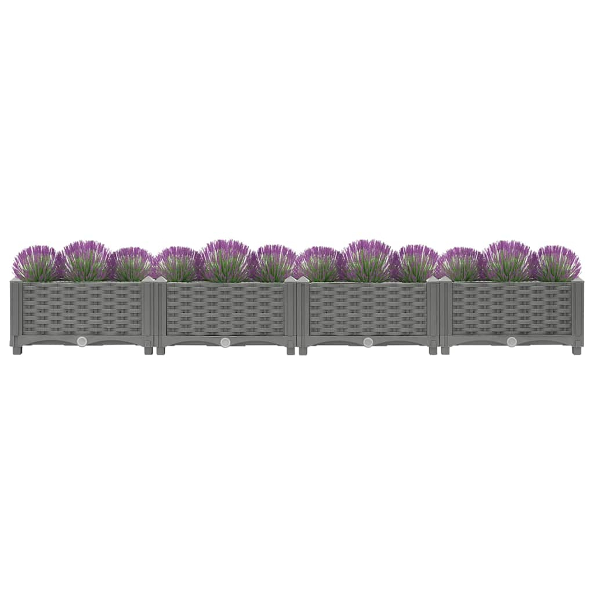 Acht verbundene graue Pflanzkästen mit lila Blumen und gewebter Textur.