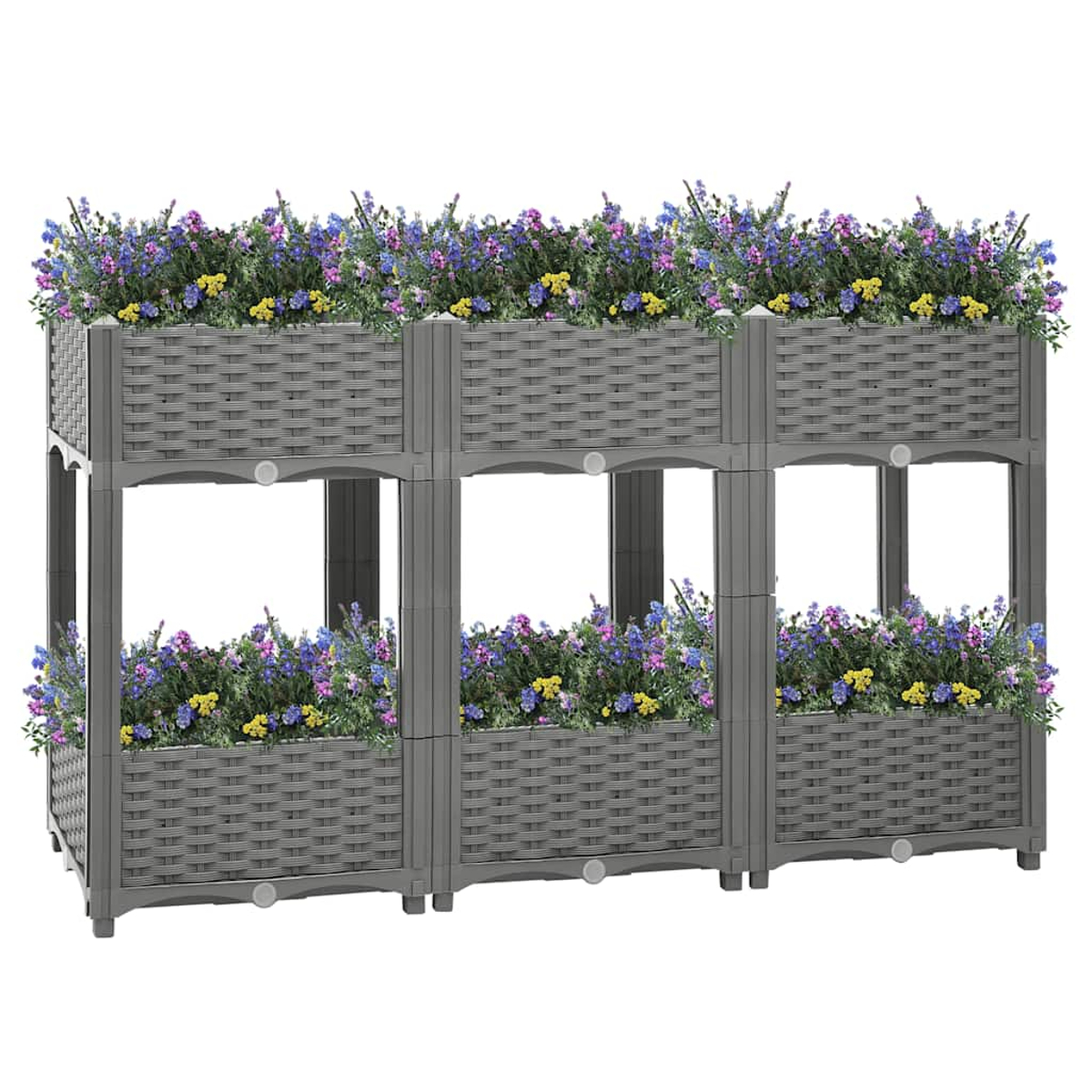 Dreistufiger grauer Pflanzkasten mit Blumen. Jede Ebene hat bunte Blumen.