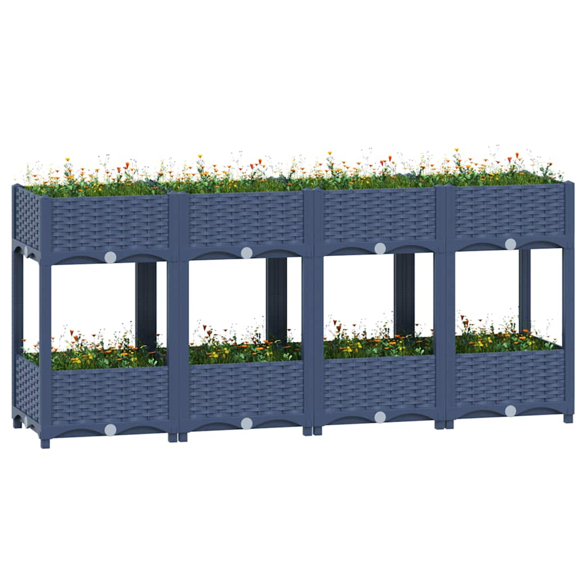 Vierstöckiger blauer Pflanzkasten mit Blumen, bildet eine lange Reihe. Blumen sichtbar.
