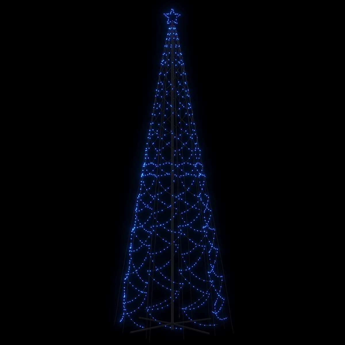 Blau beleuchteter Weihnachtsbaum auf schwarzem Hintergrund. Oben ist ein Stern.