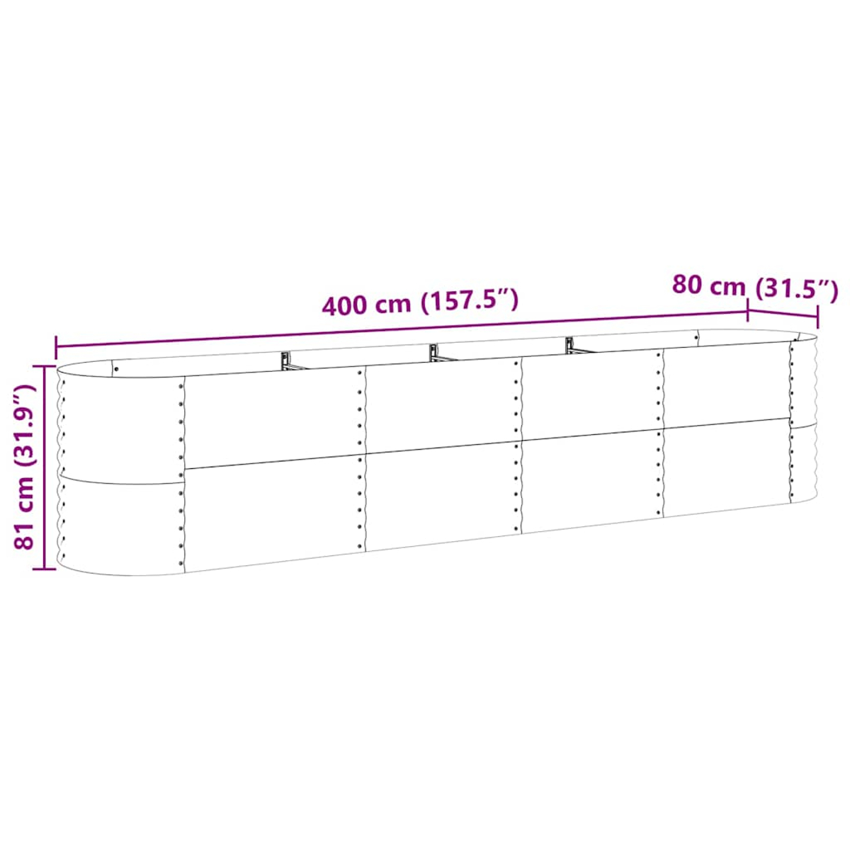 Un'aiuola rialzata lunga e curva, con dimensioni indicate.