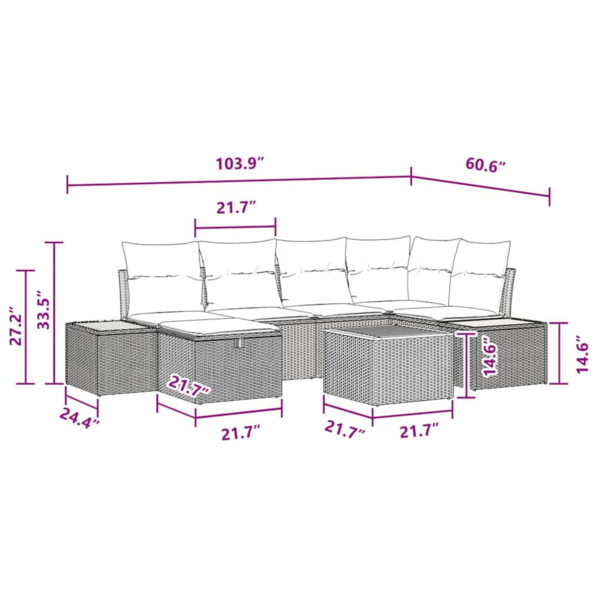 L-förmiges Ecksofa mit Maßen. Das Sofa ist ein gewebtes Design, und die Maße sind angegeben.