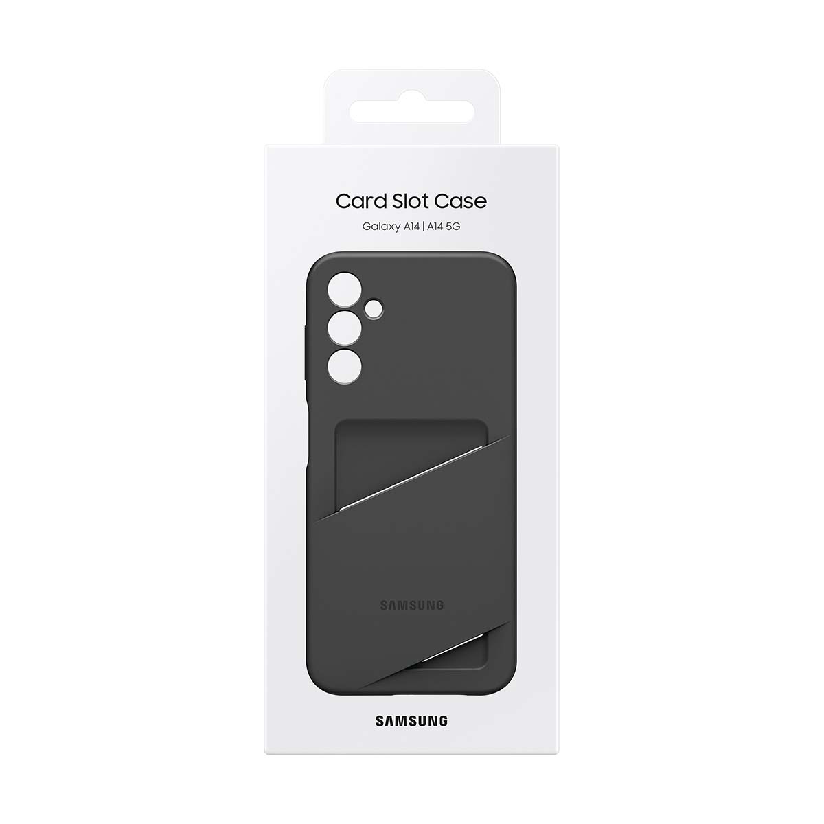 Kartenfachhülle für Samsung Galaxy A14/A14 5G. Sie ist schwarz, in einer weißen Box mit Markennamen.