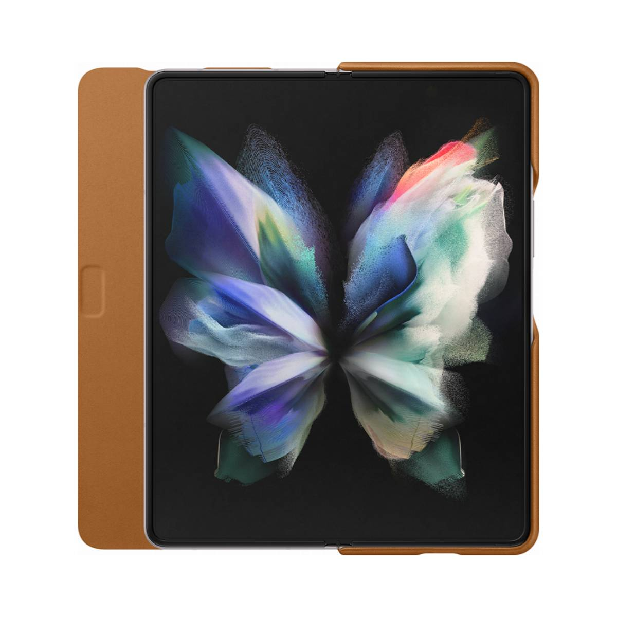 Eine braune Lederhülle für ein faltbares Telefon, geöffnet, um das Display zu zeigen.