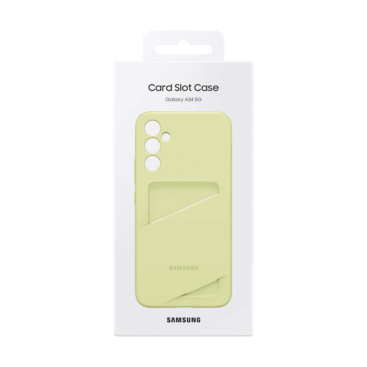 Een telefoonhoesje in een doos. De hoes is lichtgroen met een kaartsleuf. Op de doos staat Samsung.